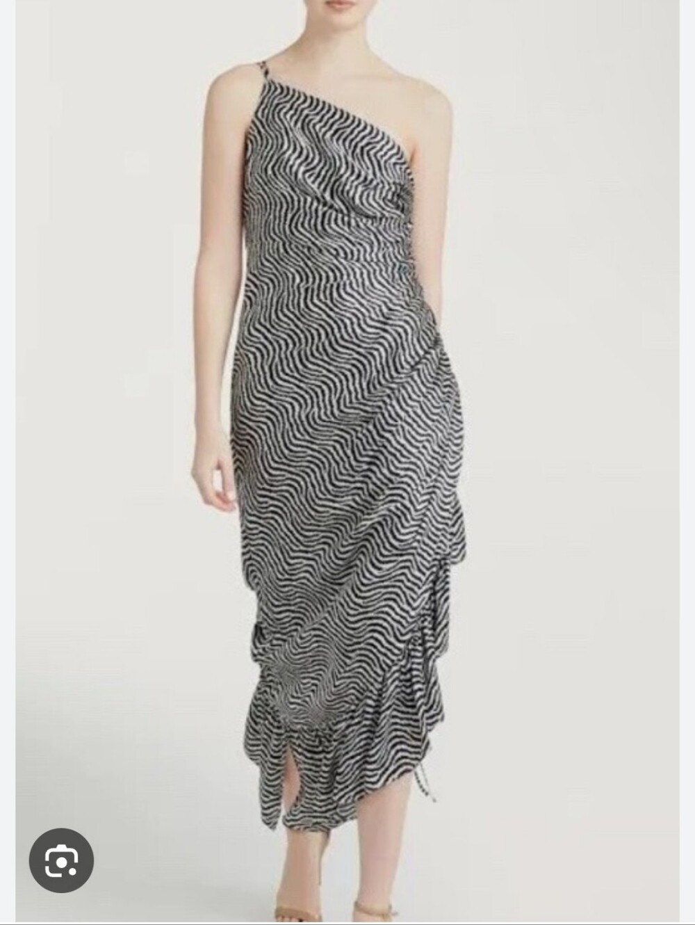 CINQ A SEPT CHRISTEL 100% SILK Ruched Queen Black White Wave Midi Dress Y2K